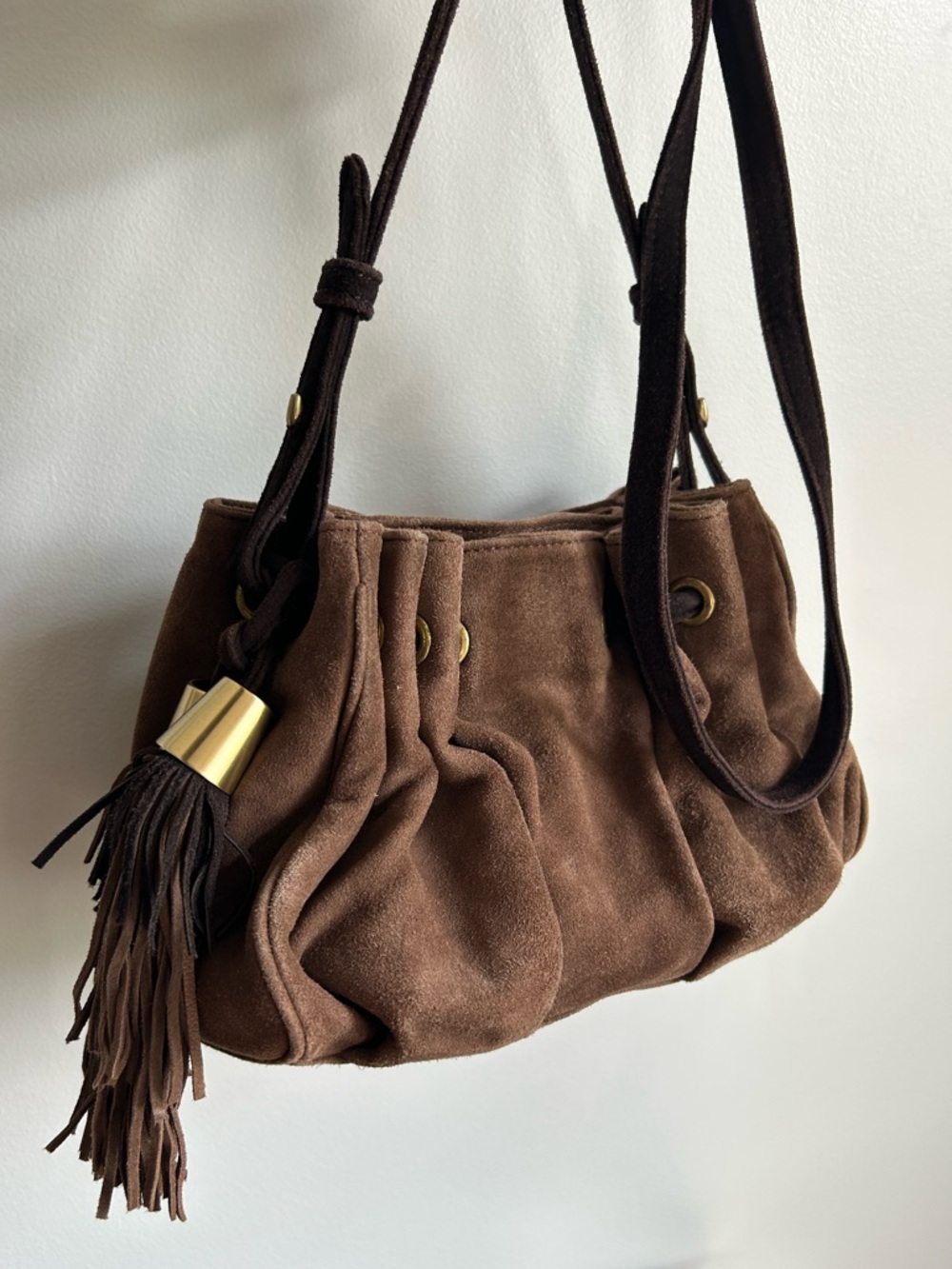 ZARA Brown Suede Shallow BUCKET Tassels Boho Crossbody Shoulder Bag Purse